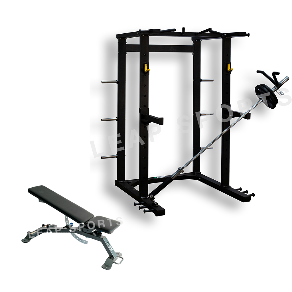 Leap Sports Power Rack - Adjustable Bench - 7' Barbell Combo - Fitness ...